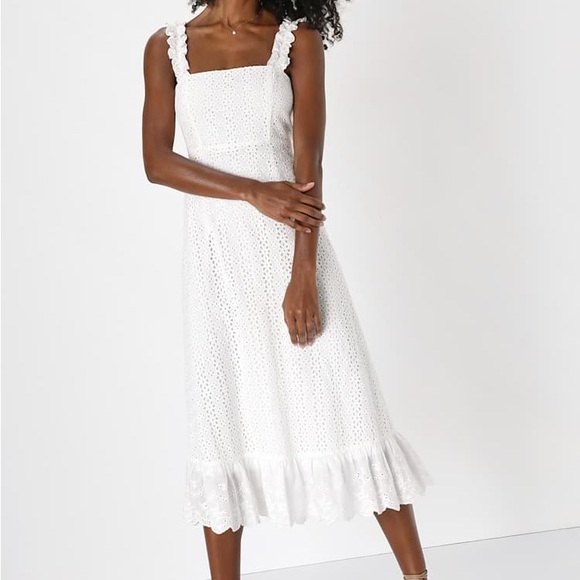 Lulus Dresses & Skirts - Lulu's Sincere Sweetheart White Cream Eyelet Lace Ruffled Midi Dress Size Medium